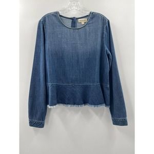 Cloth & Stone Women’s Long Sleeve Back Button Raw Edge Hem Denim Blouse Medium
